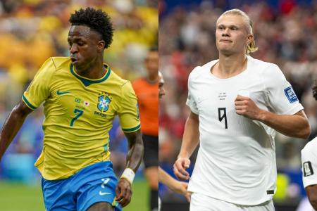 Vini Jr. (à dir), da Seleção Brasileira, e Erling Haaland (à esq.), da Noruega