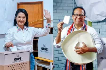 Na foto, Keiko Fujimori e Roberto Sánchez durante votação • Reprodução/Redes Sociais