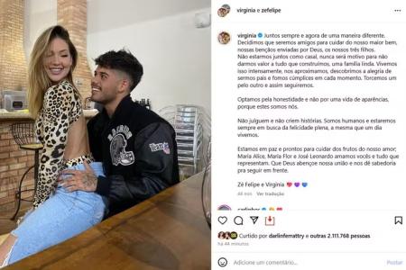 Casal oficializou a separação com um comunicado nas redes sociais • Reprodução/Redes Sociais