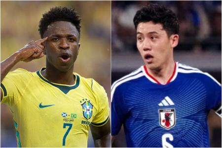 Vinicius Júnior, do Brasil, e Ayase Ued, do Japão, na Copa do Mundo