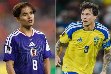 Takefusa Kubo, do Japão, e Victor Lindelof, da Suécia, em ação na Copa do Mundo