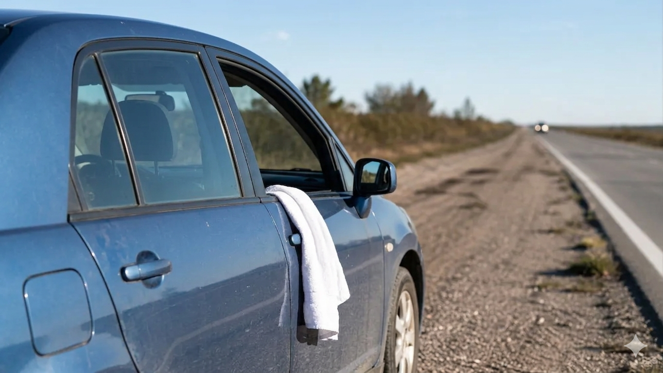 O que significa um pano branco pendurado na janela de um carro na rua?