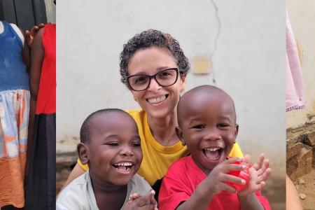 Elisangela Teixeira Alves Soares, de 51 anos, junto a crianças refugiadas • Fraternidade Sem Fronteiras/Divulgação