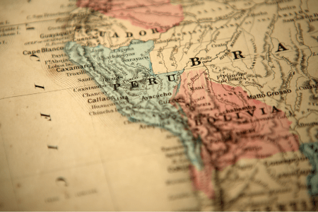 Mapa mostra Brasil e Peru, países localizados na América do Sul • Reprodução
