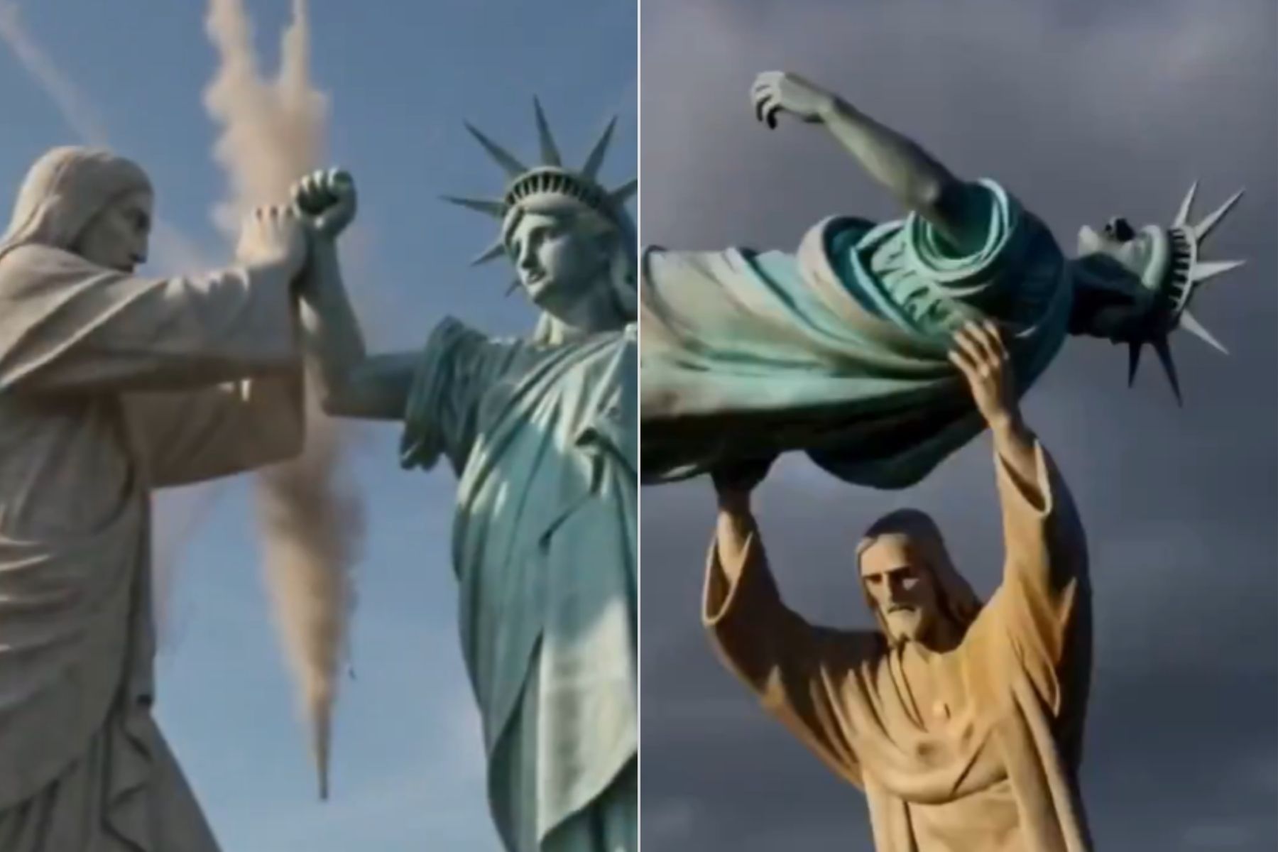 Embaixada do Irã publica vídeo de IA de briga entre Cristo Redentor e Estátua da Liberdade