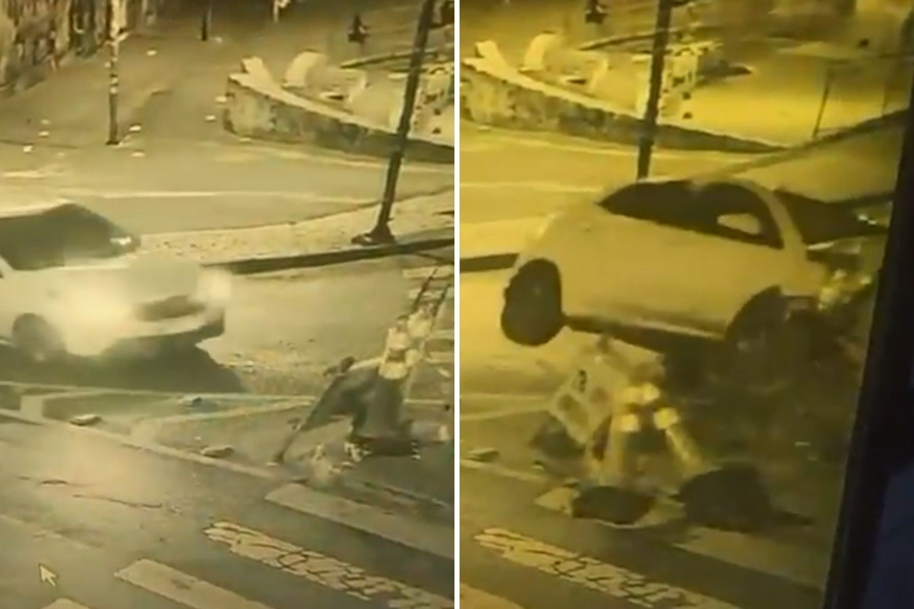 Vídeo flagra momento em que motorista de app bate em semáforo e capota carro em BH