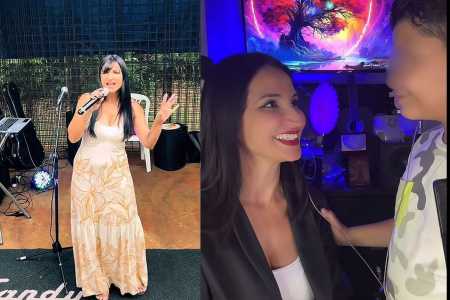 Michele Mello cantando em evento e postando vídeo com o filho • Reprodução Redes Sociais