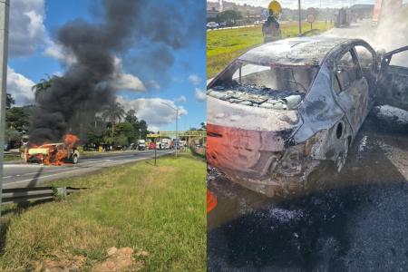 Carro pega fogo, deixa motorista ferido e fecha pista na BR-040, na Grande BH • Divulgação / CBMMG