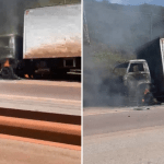 Vídeo: caminhão pega fogo na BR-040, na Grande BH, e interdita pista