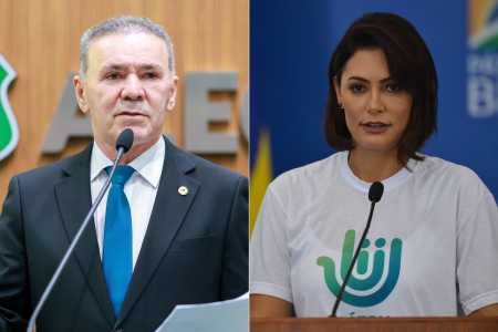 Alcides Fernandes (PL-CE) e a ex-primeira-dama Michelle Bolsonaro (PL)