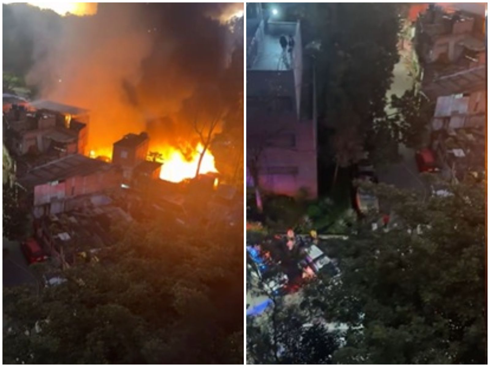 Bombeiros combatem incêndio em barracos na Comunidade de Paraisópolis, em SP