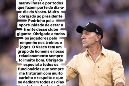 Renato Gaúcho deixou o Vasco • Reprodução/Instagram Renato Gaúcho