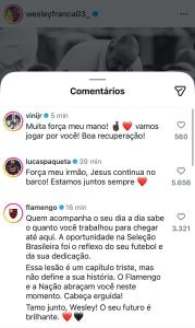 Mensagens de apoio a Wesley • Reprodução/Instagram