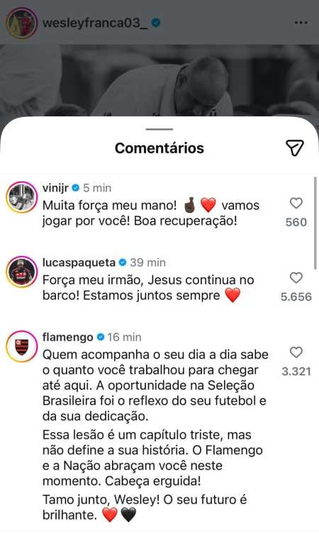 Mensagens de apoio a Wesley • Reprodução/Instagram