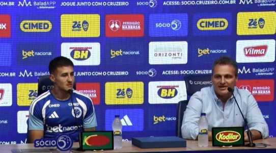 Bruno Spindel e Gabriel Rojas durante entrevista coletiva na Toca da Raposa II