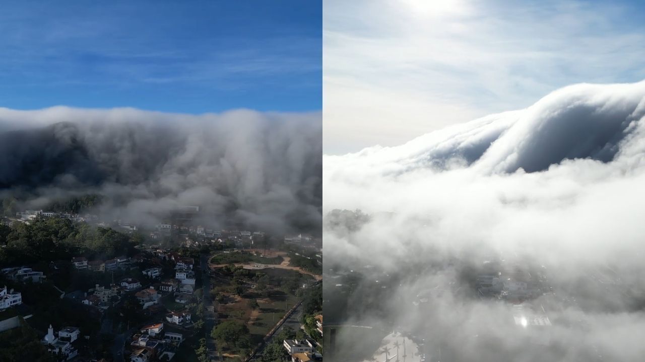Vídeo: Drone mostra ‘cachoeira de nuvens’ em BH; fenômeno já estampou jornal internacional