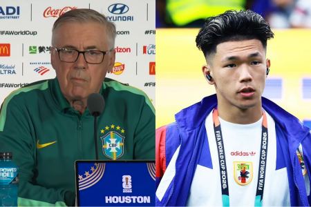 Carlo Ancelotti, técnico da Seleção Brasileira; Kento Shiogai, atacante do Japão