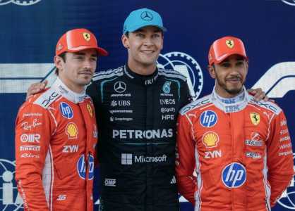 Charles Leclerc, George Russell e Lewis Hamilton após classificatório para o GP da Áustria 2026