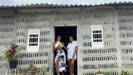 Duas mulheres sorriem enquanto brindam com taças na entrada de uma casa construída com garrafas de vidro incorporadas às paredes. A fachada cinza exibe fileiras de garrafas visíveis entre a argamassa, além de duas janelas brancas e um telhado de fibrocimento. Vasos com plantas decoram a frente da residência, destacando a proposta de construção sustentável com materiais reciclados.