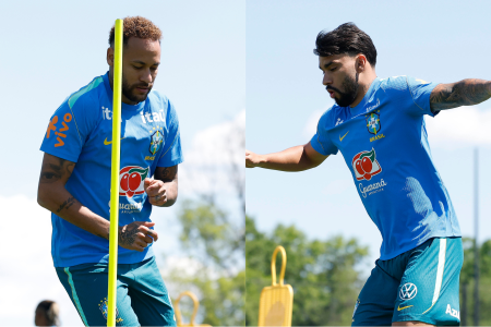 Neymar e Paquetá em treino do Brasil