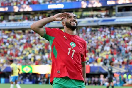 Saibari celebra gol de Marrocos sobre o Brasil na Copa do Mundo de 2026