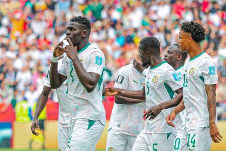 Senegaleses comemoram gol sobre o Iraque na Copa do Mundo