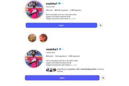 Instagram de Josimar Vozinha antes do jogo (èm cima) e apos campanha de reconhecimento (embaixo) • Reprodução