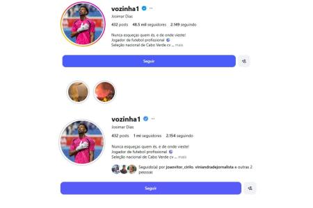 Instagram de Josimar Vozinha antes do jogo (èm cima) e apos campanha de reconhecimento (embaixo) • Reprodução