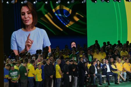 A ex-primeira-dama Michelle Bolsonaro enviou um vídeo para o evento • Nelson Almeida | AFP
