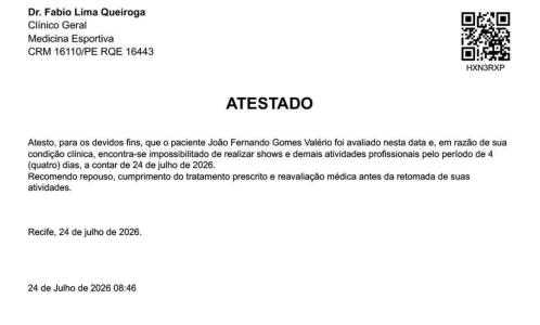 Atestado médico de João Gomes foi publicado nas redes sociais • Reprodução | Redes sociais