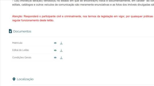Encontrar o edital e a matrícula dos imóveis é simples na plataforma da Franco Leilões. • Franco Leilões/ Reprodução