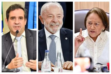 Carlos Eduardo Xavier (à esquerda) é o pré-candidato do PT ao Governo do Rio Grande do Norte em 2026 e conta com o apoio do presidente Luiz Inácio Lula da Silva (centro) e da governadora Fátima Bezerra (à direita) • João Gilberto/ALRN, Ricardo Stuckert/PR e Eduardo Maia