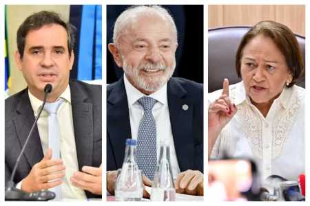 Carlos Eduardo Xavier (à esquerda) é o pré-candidato do PT ao Governo do Rio Grande do Norte em 2026 e conta com o apoio do presidente Luiz Inácio Lula da Silva (centro) e da governadora Fátima Bezerra (à direita) • João Gilberto/ALRN, Ricardo Stuckert/PR e Eduardo Maia