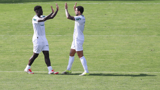 Camaronês Miguel comemora gol em jogo-treino do Palmeiras com Felipe Anderson • Cesar Greco/Palmeiras