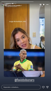 Richarlison compartilhou a publicação nos stories e marcou Flávio Bolsonaro • Reprodução/Instagram/Richarlison