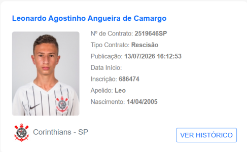 Léo Agostinho rescindiu seu contrato com o Corinthians • Reprodução/CBF