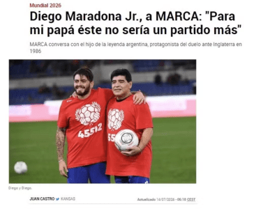 Filho do ídolo argentino, Diego Maradona jamais trataria um duelo contra a Inglaterra como uma partida comum • Reprodução/Marca