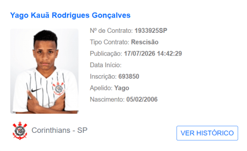 Rescisão de Yago Gonçalves publicada no BID da CBF • Reprodução/CBF