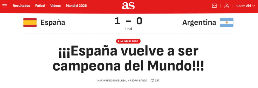 Imprensa espanhola celebra a segunda conquista de Copa do Mundo do país