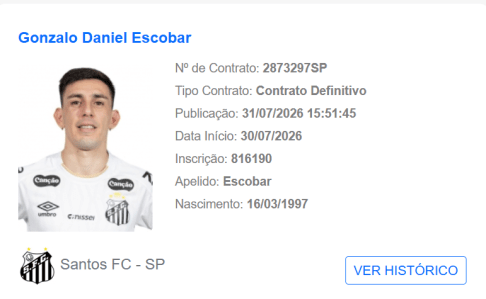 Novo contrato de Escobar registrado na CBF • Reprodução/CBF