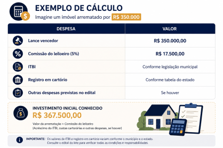 Tabela resume os principais custos ao arrematar um imóvel. • Itatiaia