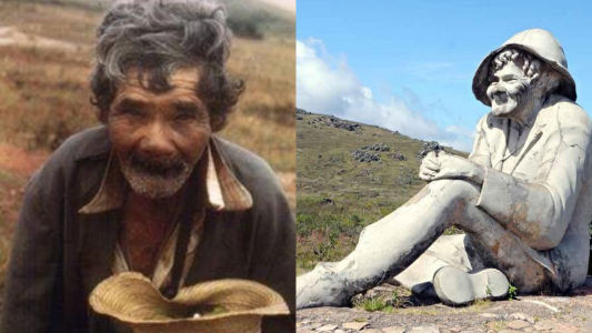 José Patrício, o Juquinha da Serra, e a estátua em sua homenagem na Serra do Cipó • Divulgação