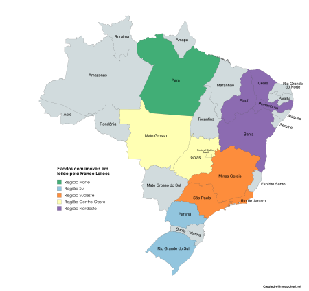 Mapa mostra abrangência nacional da Franco Leilões, com pregões em 12 estados do Brasil e no Distrito Federal. • Itatiaia