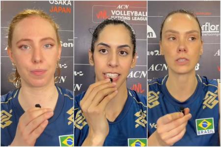 Júlia Bergmann, Diana e Roberta após jogo contra o Japão na VNL