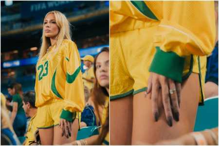 Karoline Lima exibe anel de noivado em jogo do Brasil na Copa do Mundo • Reprodução/Instagram Karoline Lima