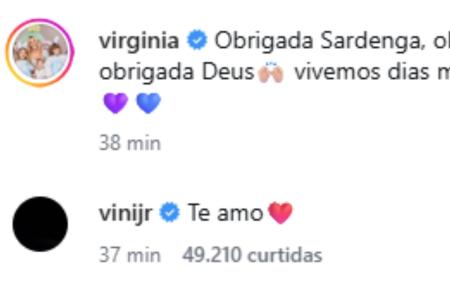 Comentário de Vini Jr na publicação de Virginia • Reprodução/Instagram