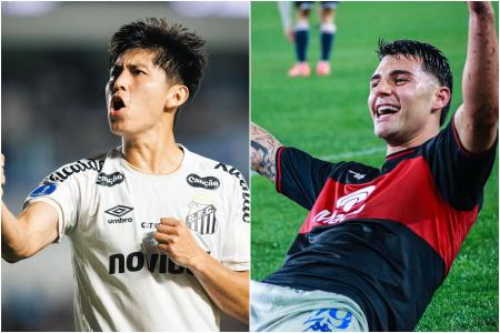 Miguelito comemora gol do Santos e Ignacio Russo comemora gol do Tigre