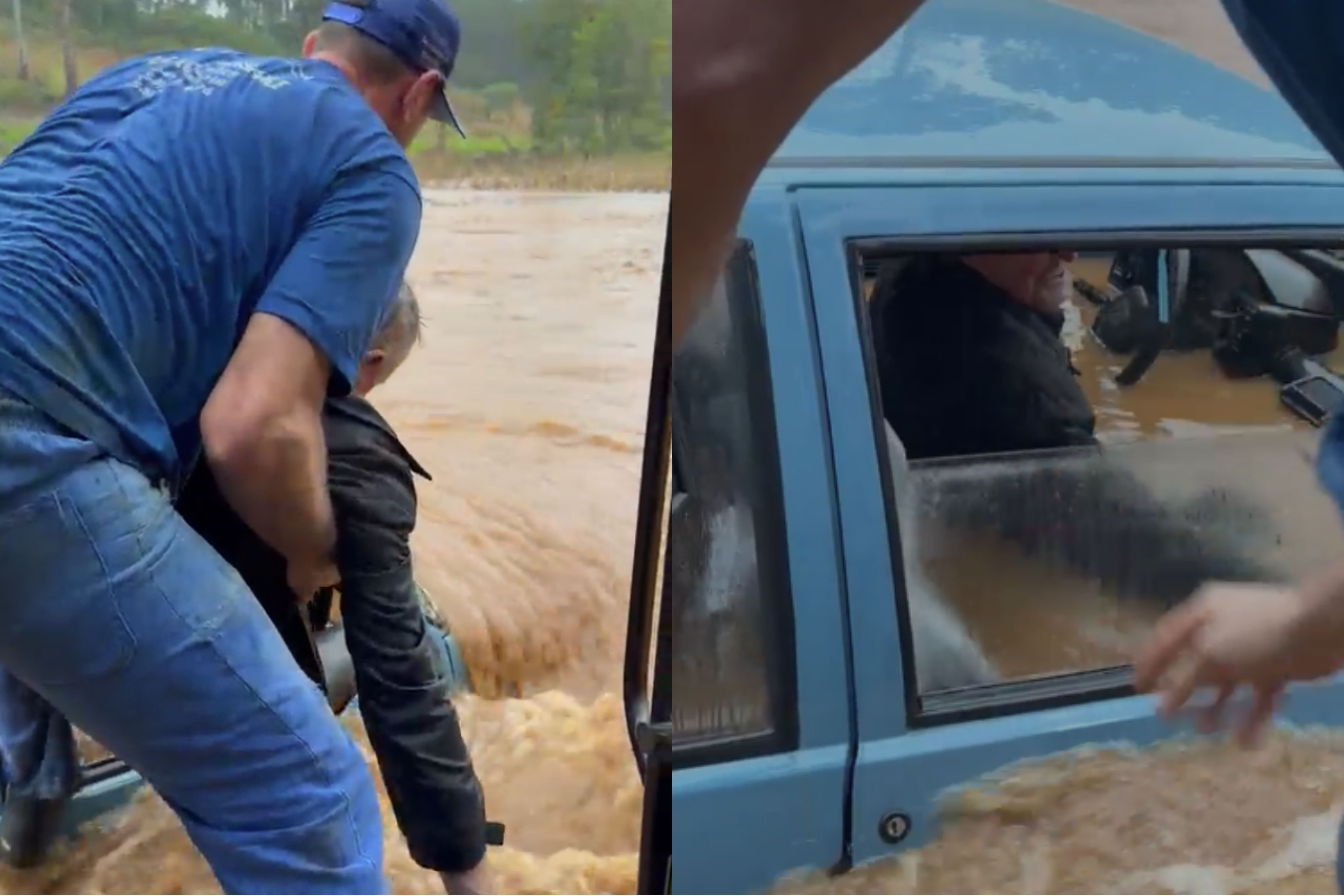 Idoso de 86 anos é resgatado após ficar ilhado dentro de carro durante enchente; veja vídeo