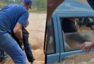 Idoso de 86 anos é resgatado após ficar ilhado dentro de carro durante enchente; veja vídeo