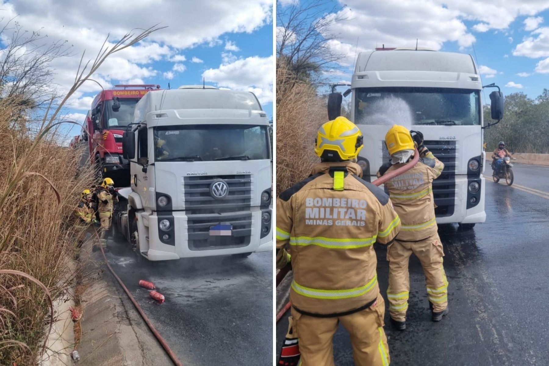Carreta que transportava caminhões dos Bombeiros pega fogo no interior de MG